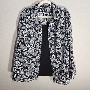 Notations Blouse Womans Size 1X Button-Up Floral Print Black White